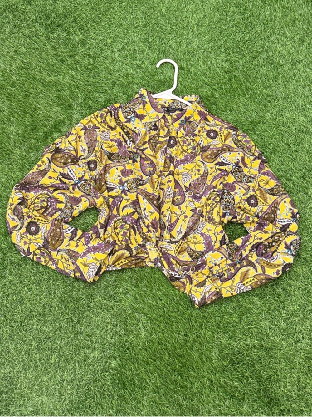 Zara Yellow Paisley Print Long Sleeve Cropped Blouse Size XS